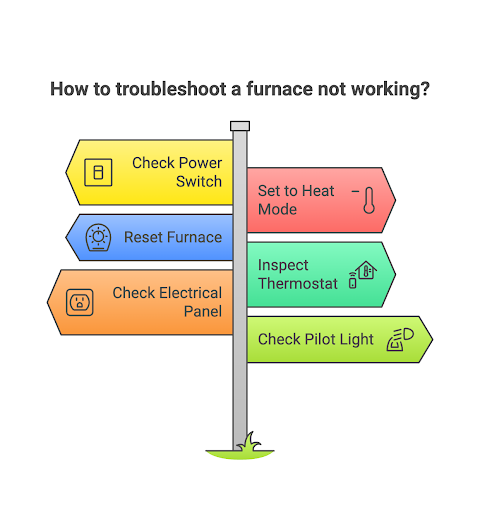 Infographic showing the steps to troubleshoot a furnace not working: check the power switch, reset the furnace, check the electrical panel, set to heat mode, inspect the thermostat, and check the pilot light.