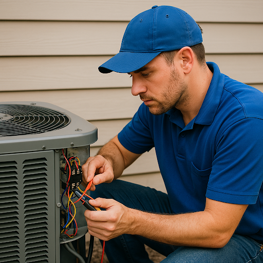 HVAC Tech in blue shirt working on tuning up an AC