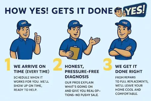 An infographic showing the three steps of "How YES! Gets It Done": 1) Arriving on time, 2) Providing honest, pressure-free diagnosis, and 3) Getting it done right.