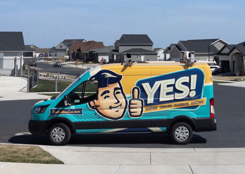YES! HVAC and Plumbing services van in Provo, UT, neighborhood.