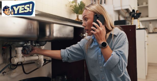 Woman crouched under sink talking on the phone and holding a towel to stop a water leak in her Las Vegas home. 