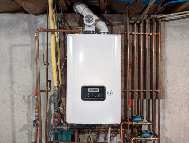 Straight-on shot of a tankless water heater and combination boiler installed on a basement wall of a residential building.