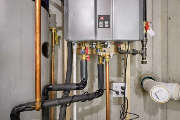 Tankless hot water heater connected to a recirculation system and storage tank.