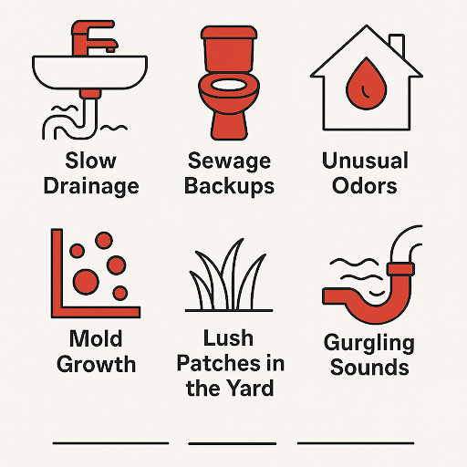 An infographic displaying six common signs of sewer line problems, with icons representing each issue: slow drainage (sink), sewage backups (toilet), unusual odors (house with a water drop), mold growth (mold symbol), lush patches in the yard (grass), and gurgling sounds (pipe).